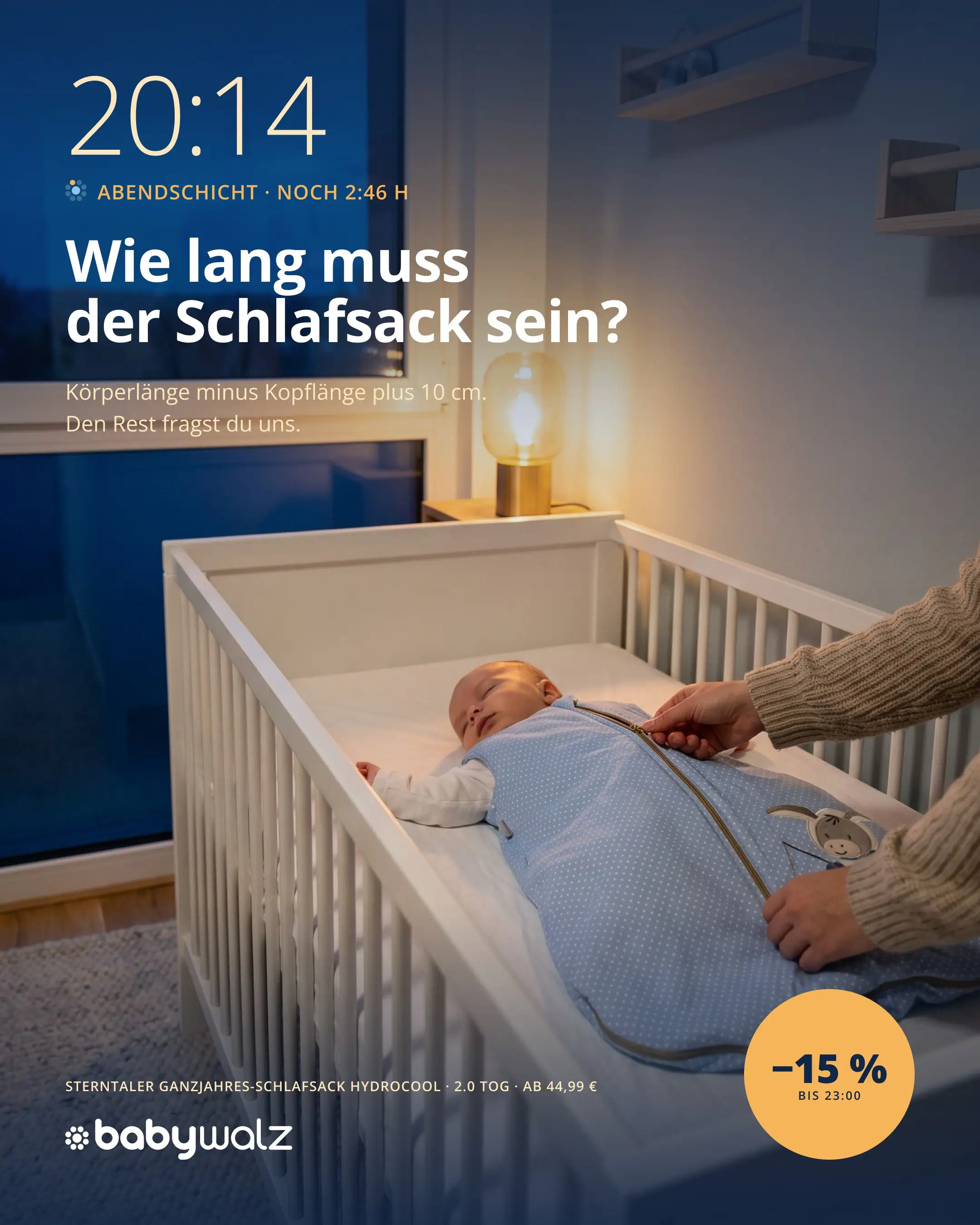 Key visual 20:14: a parent zips a baby into a sleeping bag under a warm lamp