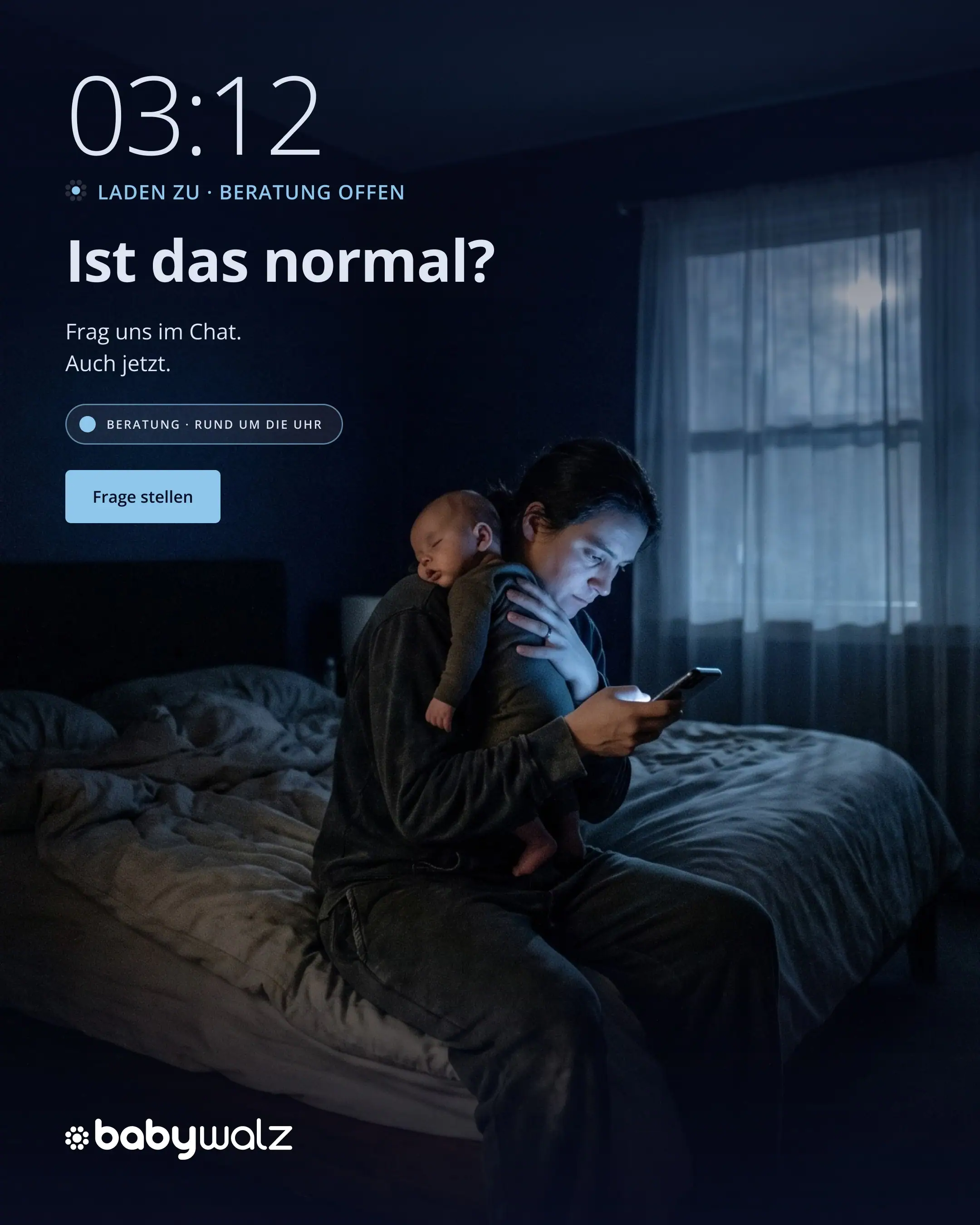 Key visual 03:12: a parent on the edge of the bed at night, reading a phone, baby on the shoulder