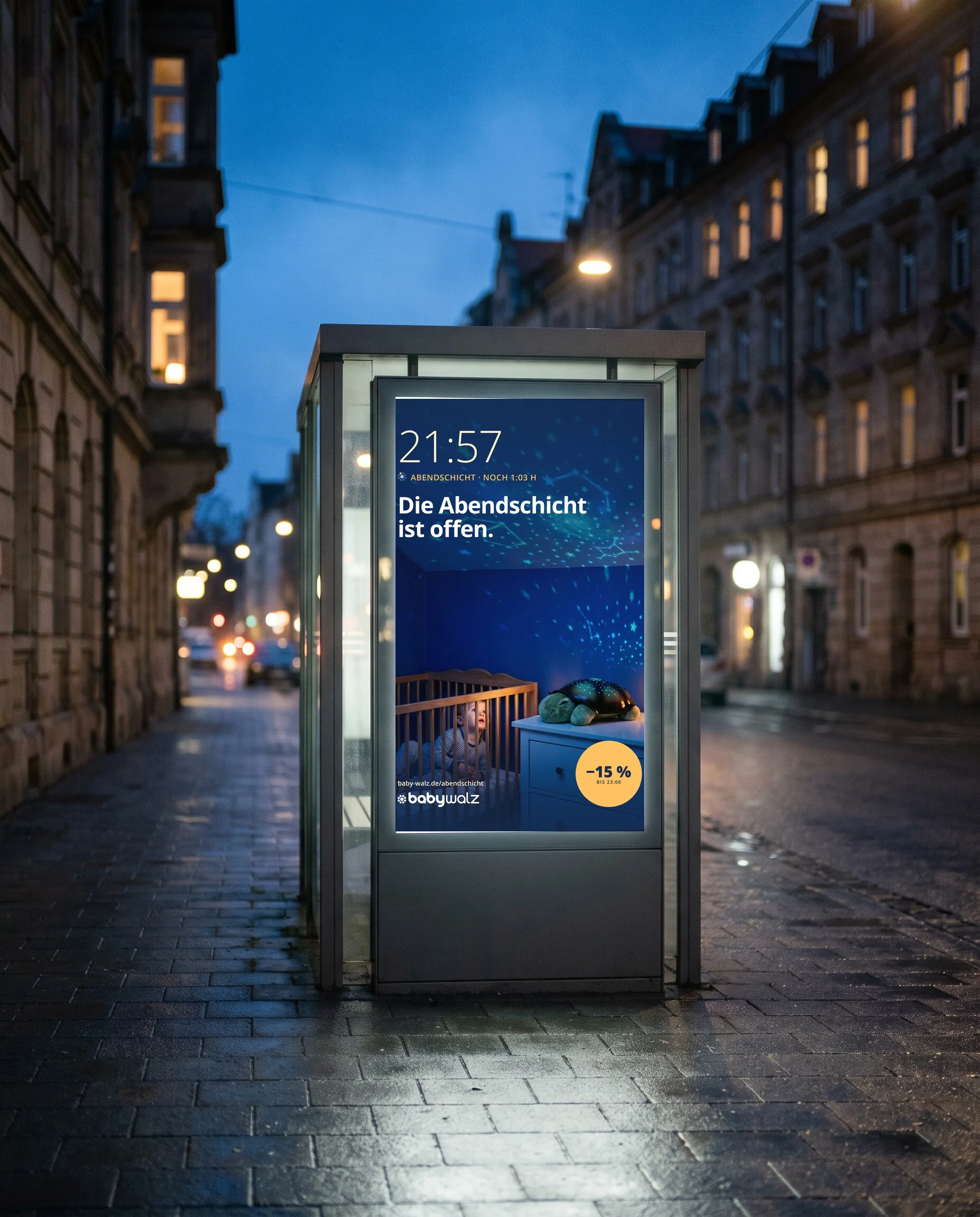 City-light poster at a bus stop at blue hour