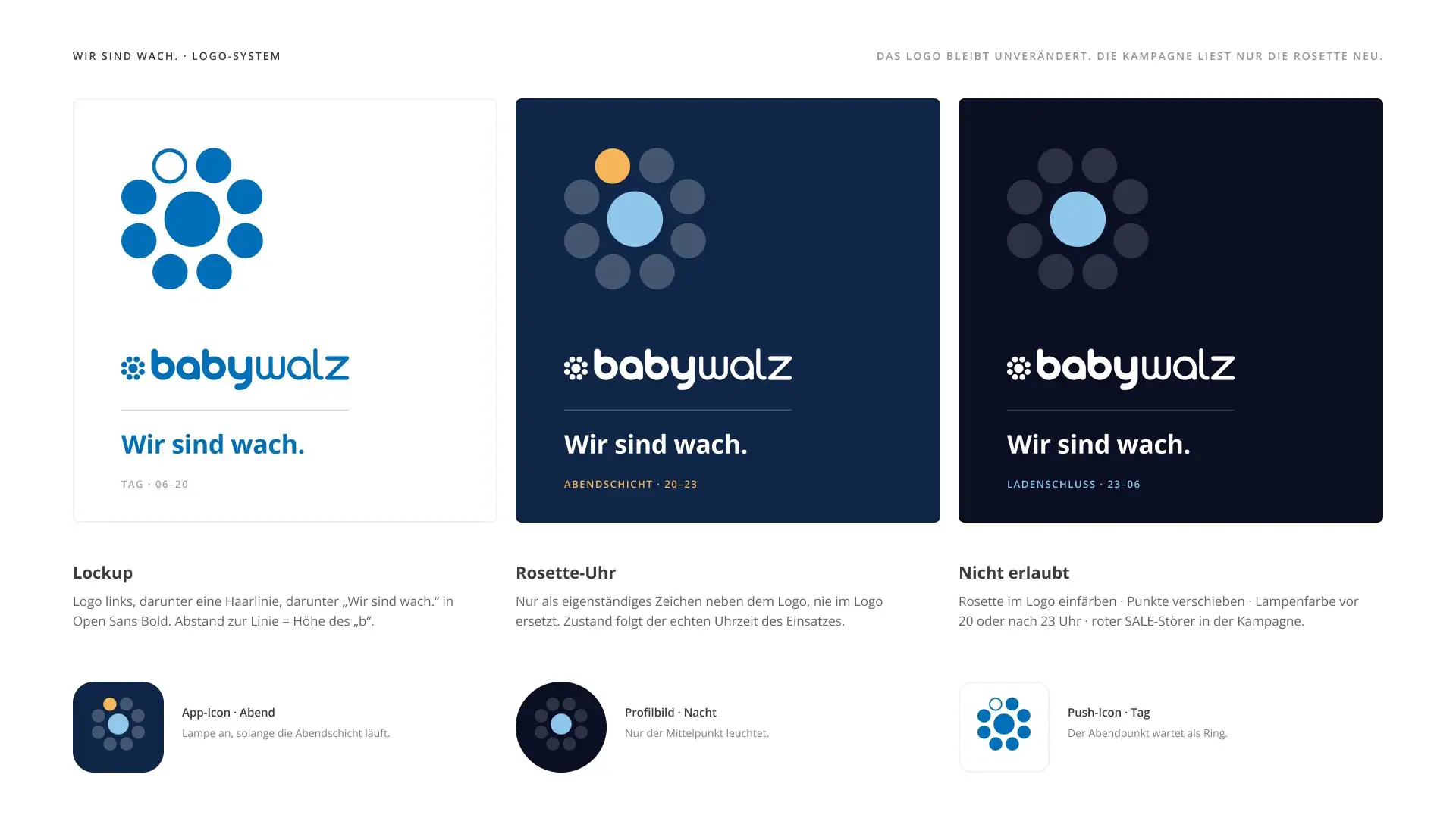 Logo lockup with the rosette clock in day, evening and night states