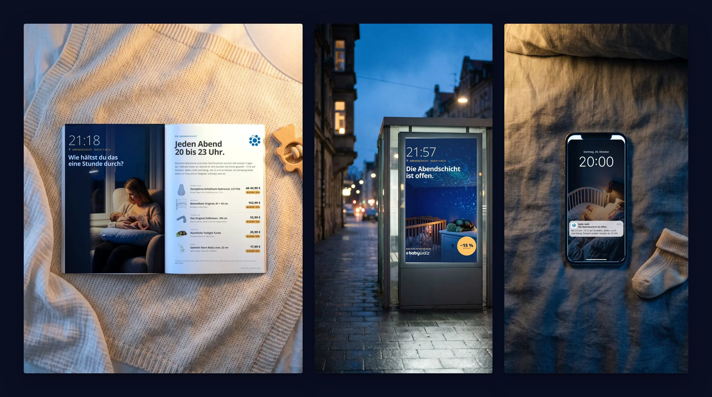 Magalog on a blanket, city-light poster at dusk, phone with the 20:00 push on a duvet