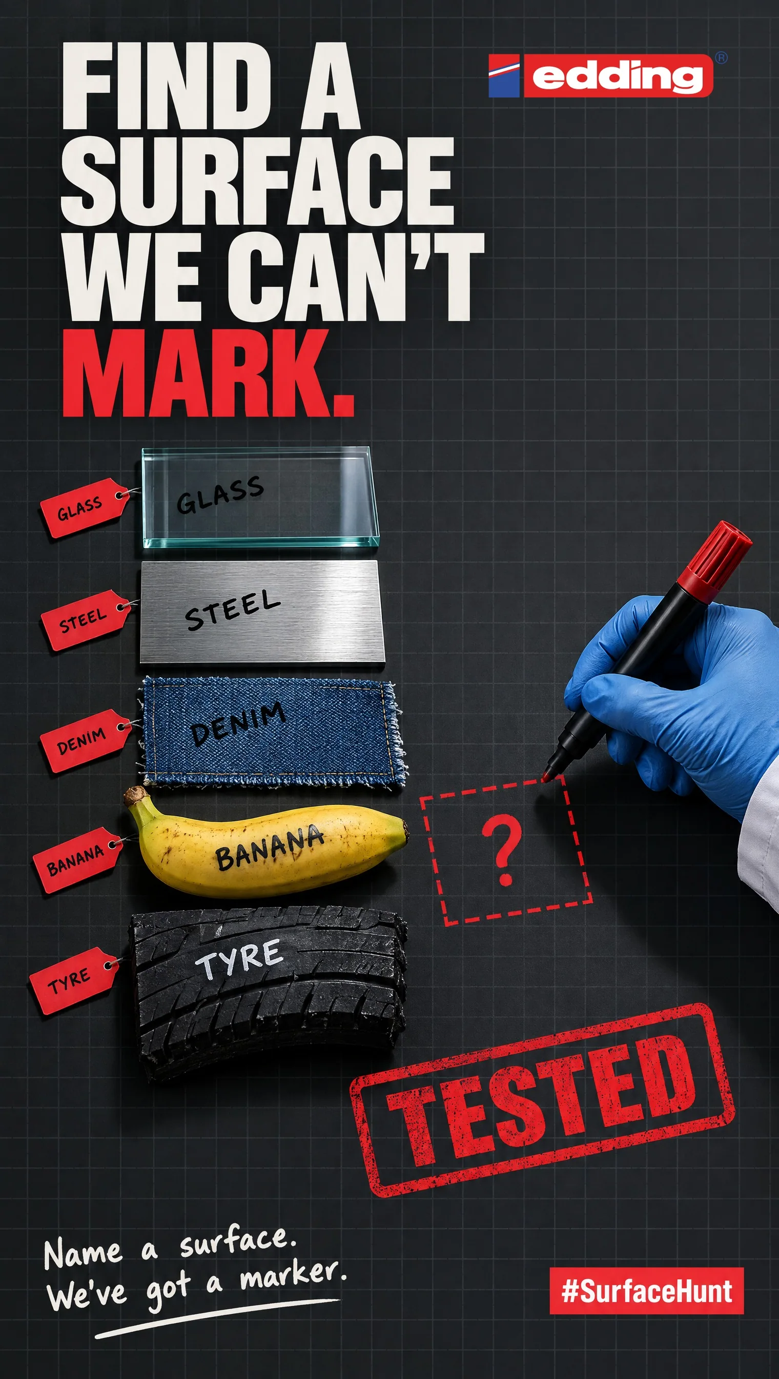 edding Surface Hunt key visual: specimen trays of glass, steel, denim, oak, tile, sneaker, tyre and banana, each hand-lettered, around one empty tray marked with a question mark