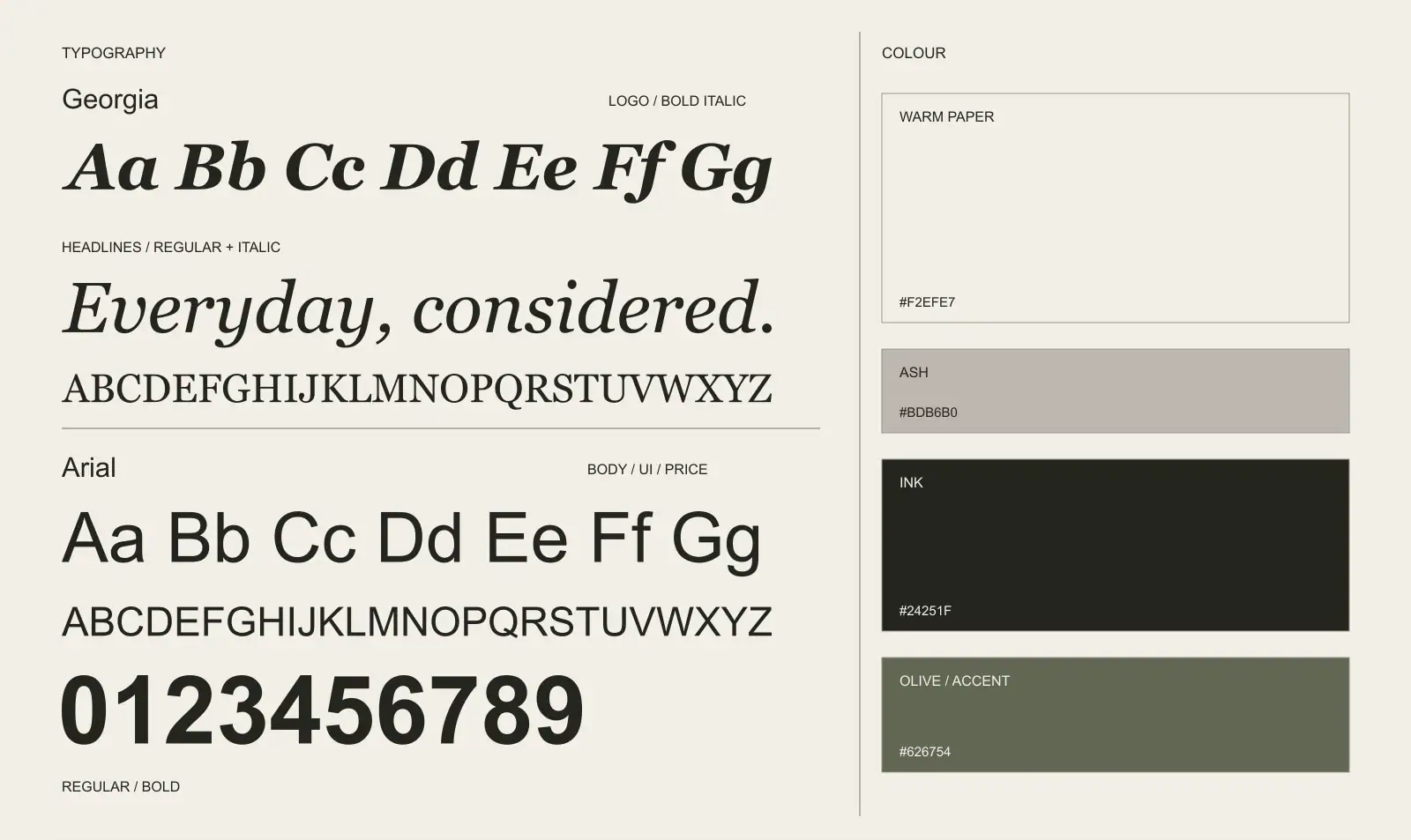 Georgia and Arial font specimens with the 2lady palette