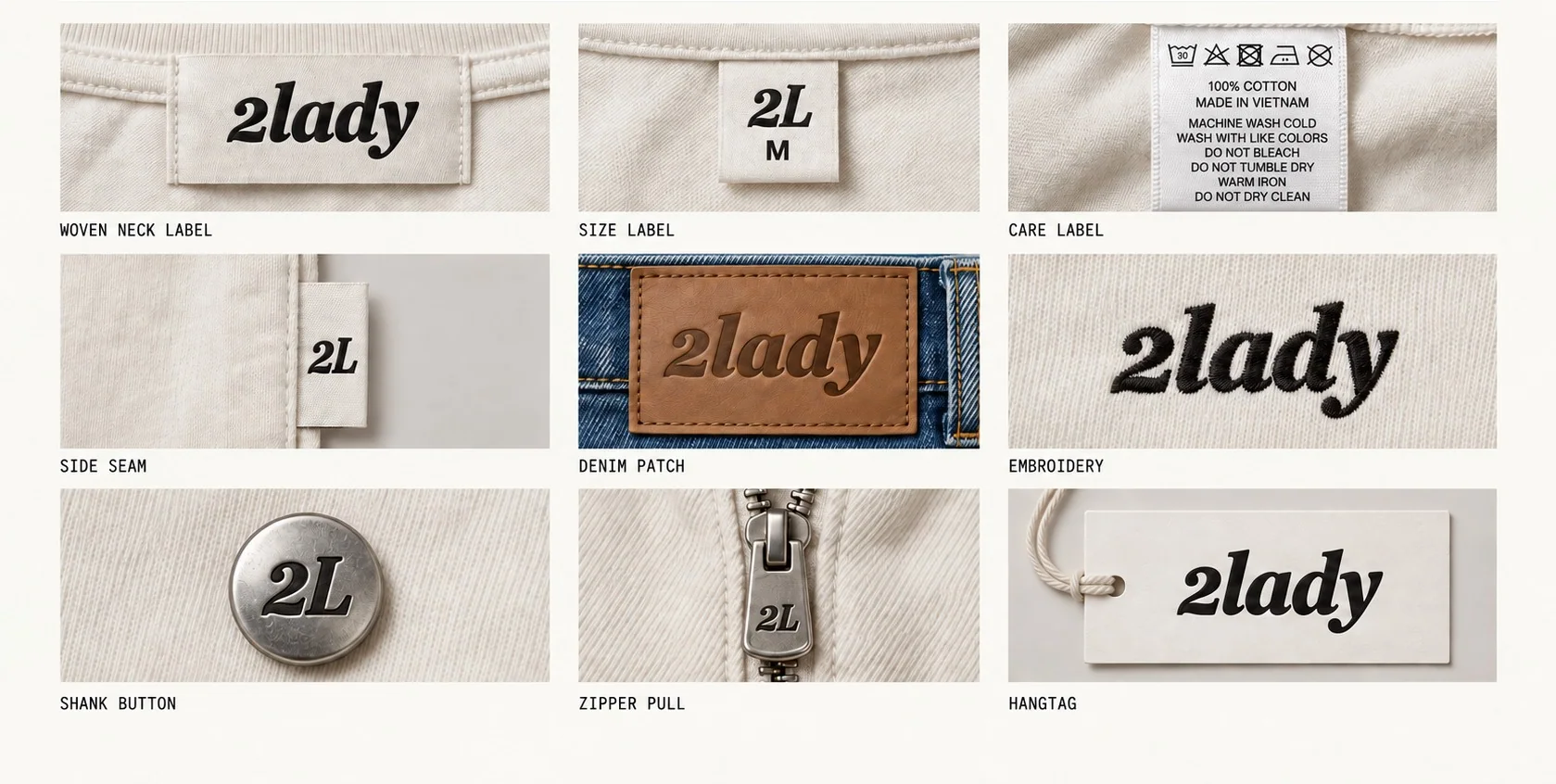 2lady garment applications with 2L details and a cotton care label made in Vietnam